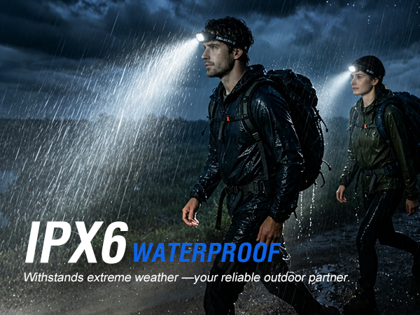 The head lamp boasts an IPX6 waterproof rating, ensuring safe use in harsh weather like rain, snow.