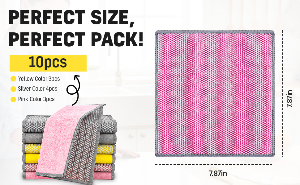 10pcs dual sided dishwashing rags in yellow, silver, and pink, 7.87 x 7.87 inches.