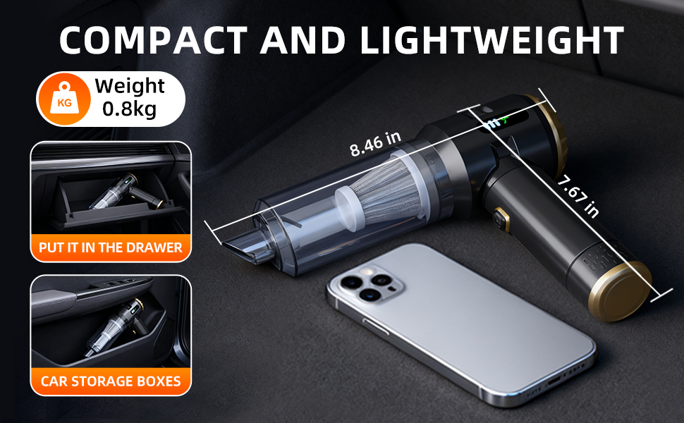 Text reads 'COMPACT AND LIGHTWEIGHT'. Product photos showing a handheld device with technical specifications and weight indicators, featuring sleek black design.