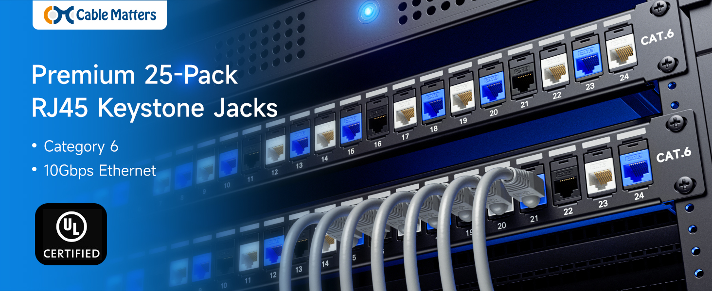 UL Listed 25-Pack 10Gbps Cat6 Keystone Jacks, RJ45 Keystone Jack, Ethernet Keystone Jack