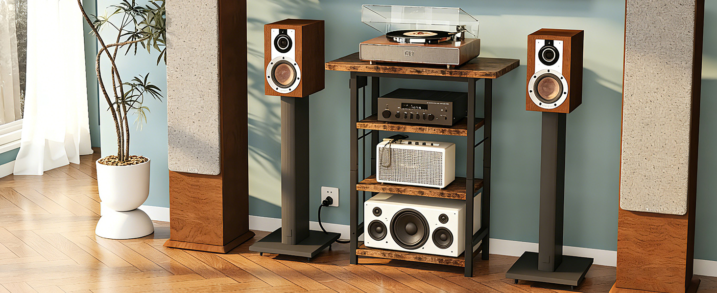 4-Tier AV Media Stand with Power Outlet, Wooden Record Player Stand