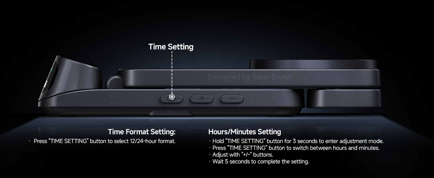 Close-up of a digital device interface showing time setting options. Buttons and display are visible against a black background.