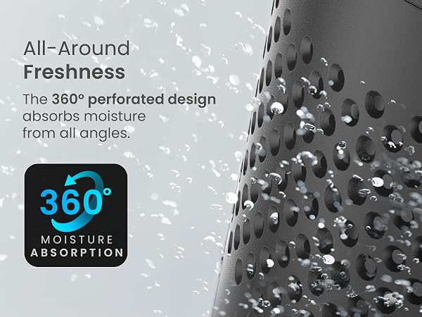 Close-up of a black perforated surface with 360-degree moisture absorption technology, showing multiple small holes in a textured pattern against a gray background.