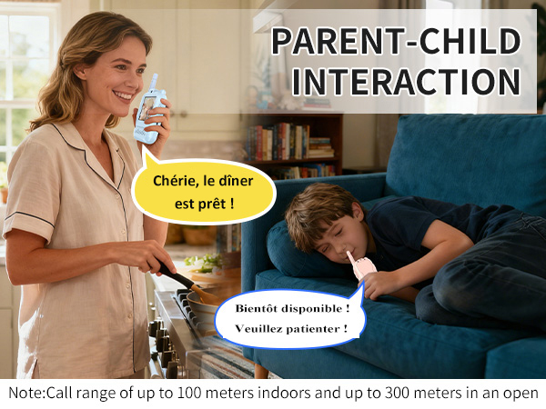 Text reads 'PARENT-CHILD INTERACTION' and 'Note:Call range of up to 100 meters indoors and up to 300 meters in an open'. Marketing images showing caregiver-child communication scenarios.