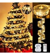 btfarm 39FT Christmas Tree Ribbon String Lights with Remote - 120LED Gold Lighted Ribbon Bows Lig...