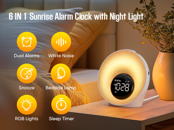 Text reads '6 IN 1 Sunrise Alarm Clock with Night Light' with icons labeled 'Dual Alarms, White Noise, Snooze, Bedside Lamp, RGB Lights, Sleep Timer'. Spherical alarm clock with glowing warm-light display showing time, sitting on wooden surface.