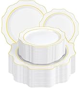 WDF 100PCS White and Gold Plastic Plates - Gold Disposable Plates - Include 50 Dinner &amp; 50 Desser...