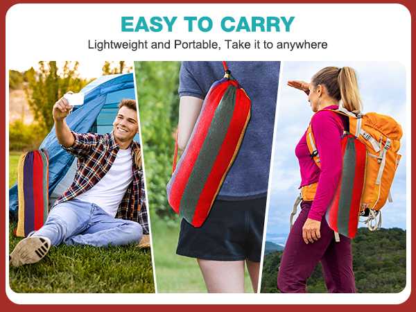 Text reads 'EASY TO CARRY' and 'Lightweight and Portable, Take it anywhere'. Series of outdoor lifestyle photos showing a red portable item being carried and used in various situations.