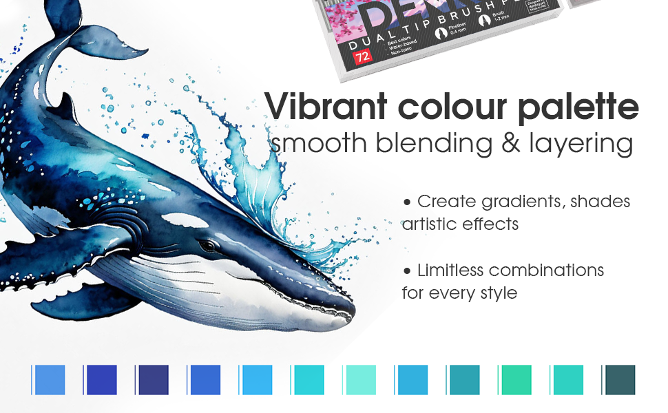 Text reads 'Vibrant colour palette smooth blending &amp; layering'. Product advertisement showing artistic supplies with blue whale illustration and color swatches.