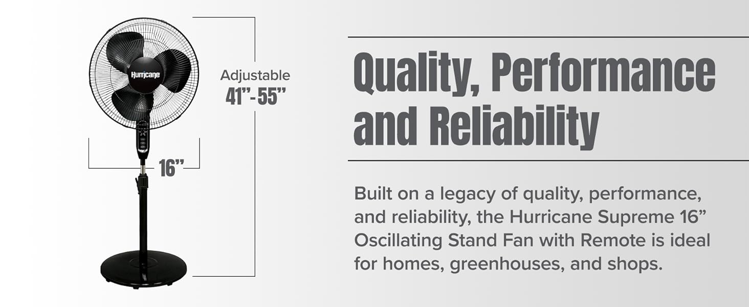 Hurricane Supreme 16" 3 Speed Oscillating Stand Pedestal Fan with Remote, Black