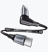USB-C cable with coiled design, featuring right-angle connector on one end and straight connector on the other. Metal connectors with 'Sunguy' branding visible.