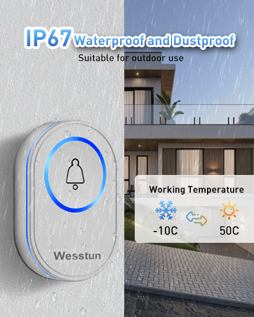 Waterproof doorbell with blue illuminated bell icon, IP67 rated. Features include outdoor use suitability and operating temperature range of -10°C to 50°C.