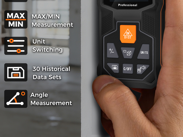 Text visible: 'Professional', 'MAX/MIN Measurement', 'Unit', '30 Historical Data Sets', 'Angle Measurement'. Digital measurement device interface showing various measurement functions and settings.