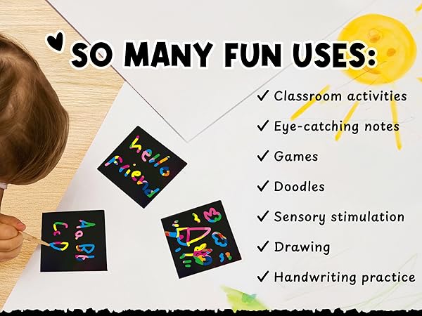 Young girl scratching vivid patterns on thick note cards, inspiring sensory fun for all ages.
