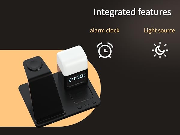 Wireless Charger for iPhone, 6in1 Fast Phone Charger Stand Dock Alarm Clock Night Light
