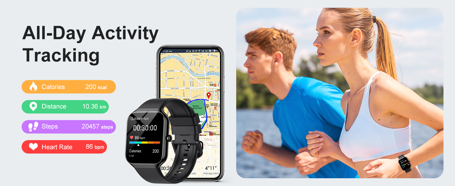Smartwatch displaying fitness metrics next to smartphone showing map. Two joggers wearing smartwatches run outdoors. Image highlights all-day activity tracking feature.
