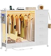 SZLHANJZ Dresser with Hanging Rack, Dresser for Bedroom with Led Lights and Charging Station, 7 D...