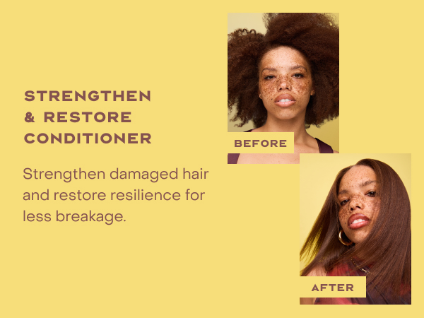 Two images of the same woman comparing her hair before and after applying our conditioner.
