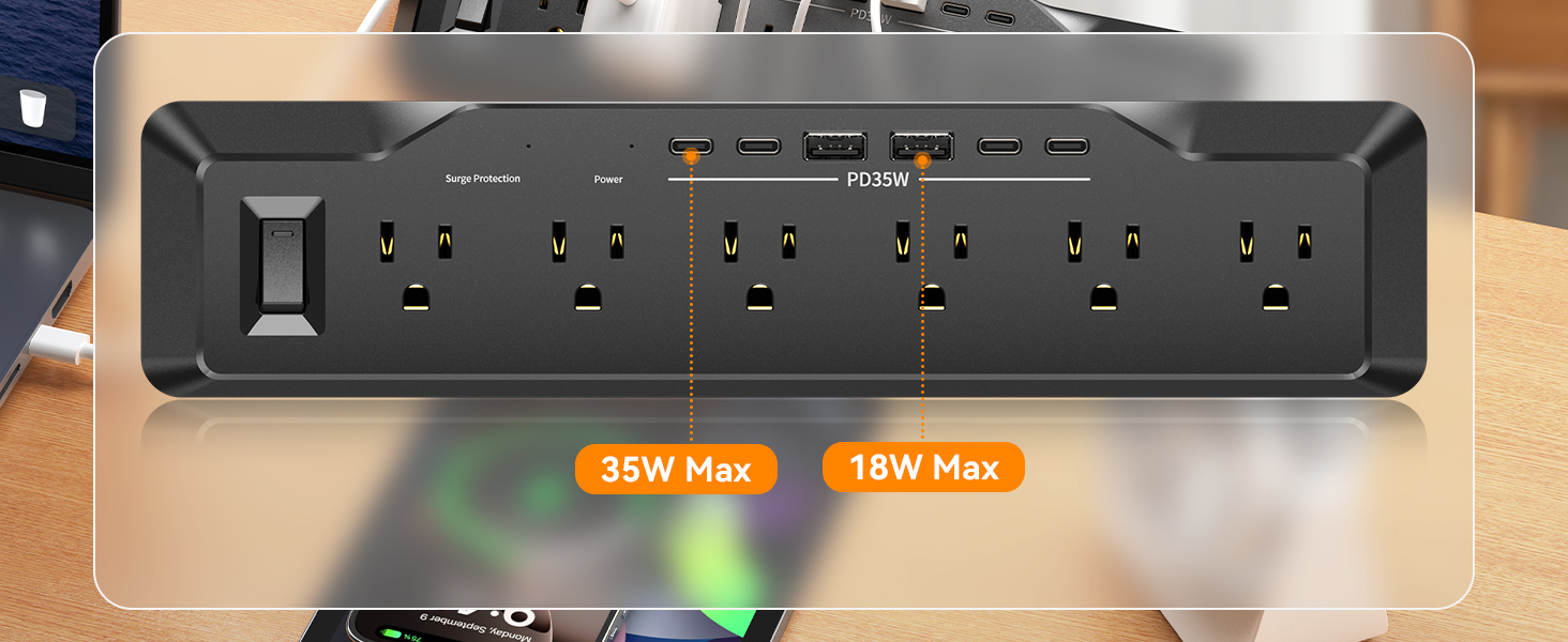 6 Outlets Office desk power strip with USB-C Ports