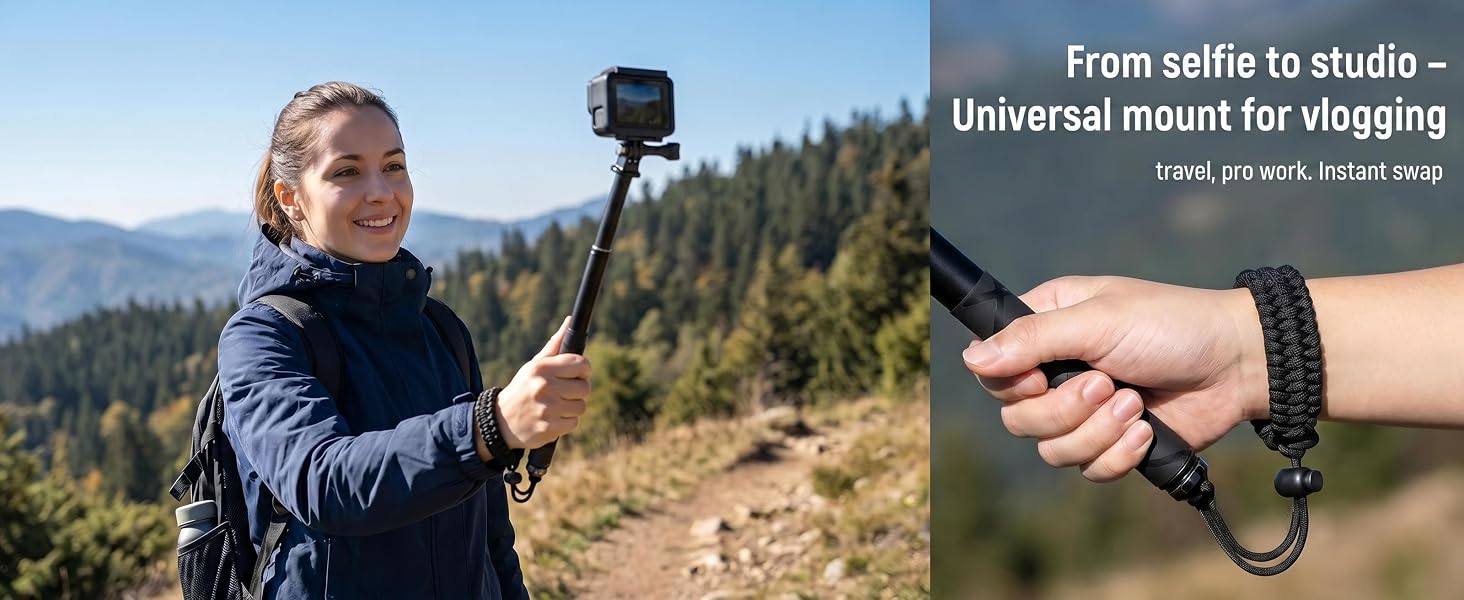 1/4" screw fits all – DSLR, action cam, gimbal, selfie stick. One strap for all.