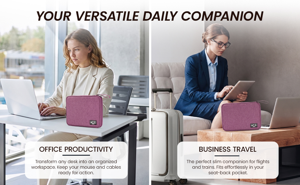 Versatile electronics pouch for office productivity and business travel commuter use.