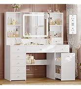 UPOSOJA 47.2“ Large Vanity Desk with Mirror and Lights,Power Outlet,7 Drawers,Pull-Out LED Mirror...
