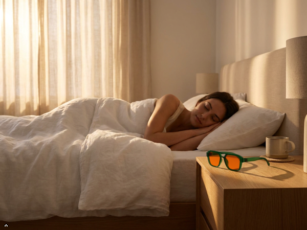 designed for sleeping with blue light blocking glasses resting on nightstand to warm sunrise light
