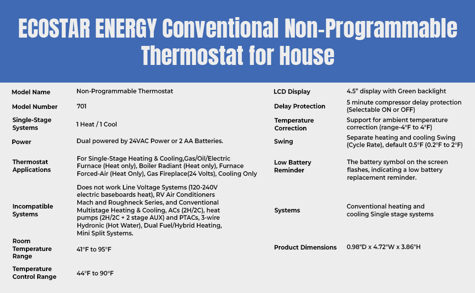 t701 non-programmable thermostat for single-stage heating and cooling, LCD display, 1 heat/1 coo