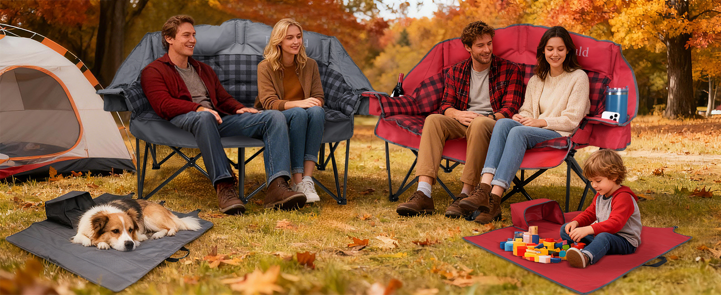 The multifunctional storage bag for camping loveseat can as a pet mat or kids’ picnic mat.