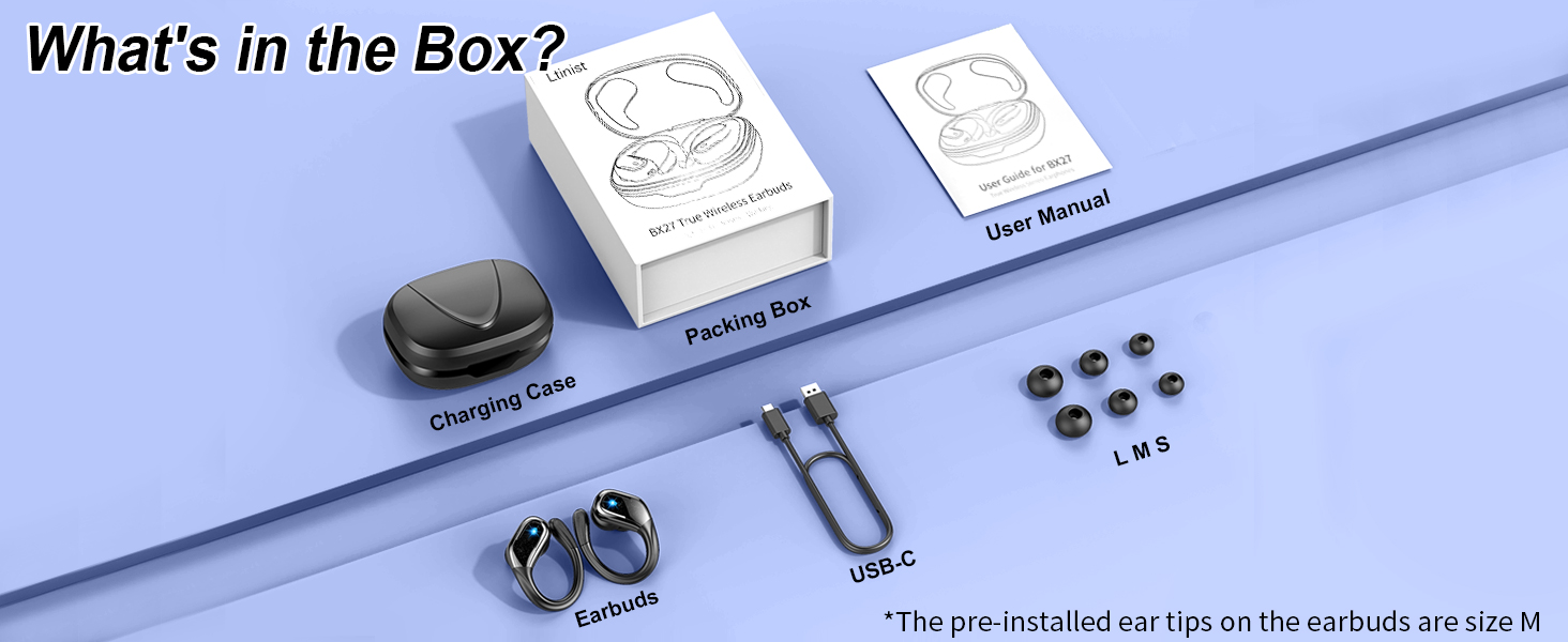 Product components laid out, including earbuds, charging case, USB cable, ear tips, and packaging boxes labeled 'User Manual' and 'Earbuds'.