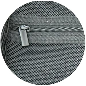Zipped see-through mesh storage area for cables and accessories