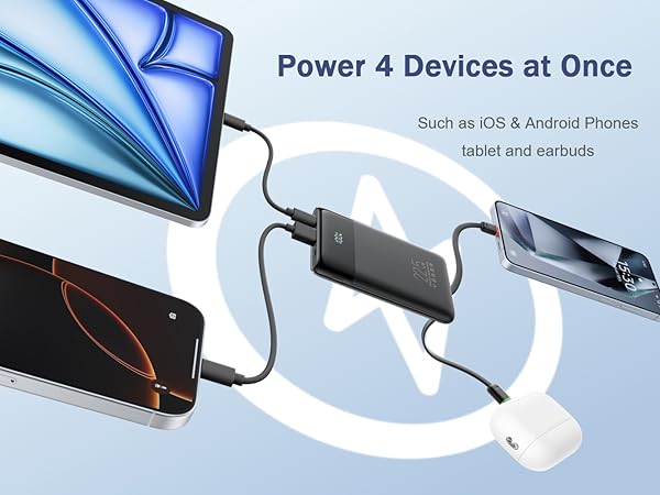 4 Ways of Charging, Power 4 devices such as iOS Android Phones tablet and earbuds simultaneously..