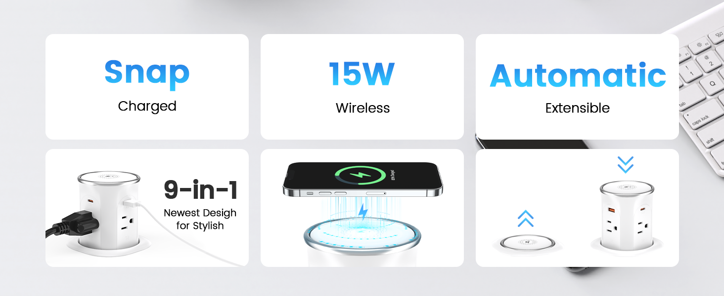 Pop Up Countertop Outlet with 15W Wireless Charger