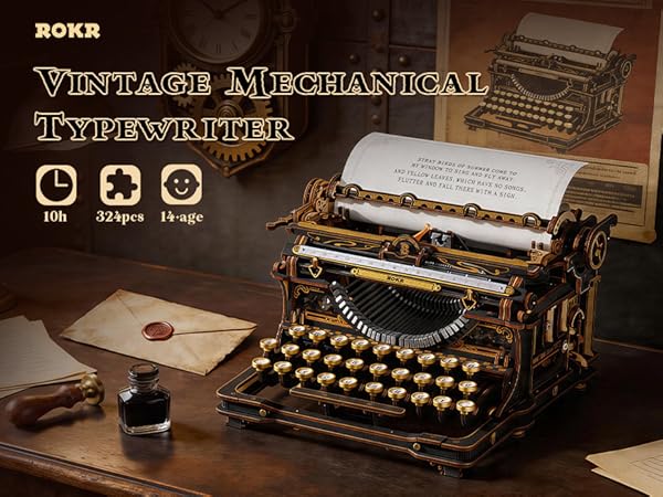 ROKR Mechanical Typewriter 3D Wooden Puzzle for Adults- Vintage Model Kit, No Glue, 324 PCS, 12H Ass...