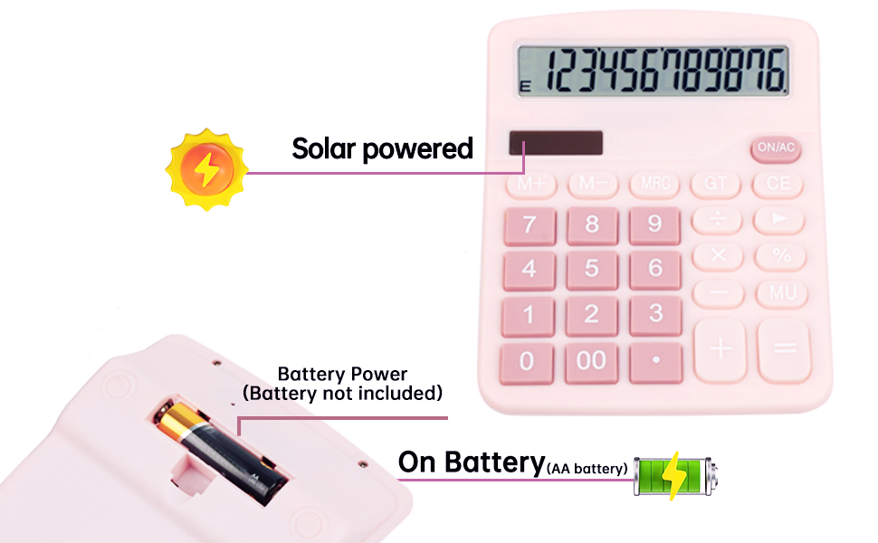 The simple calculator is powered by both solar energy and batteries