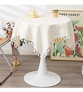 YZKITM Small Square Tablecloth Solid Ivory Fabric Tassel Table Cloth Rustic Farmhouse Decorative ...