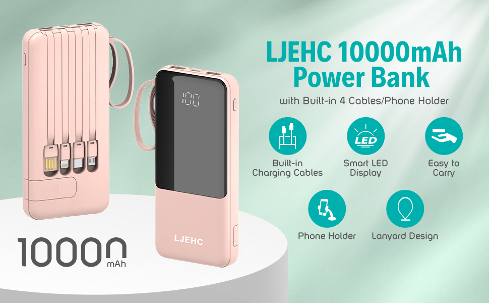 10000mah power bank with built in 4 cables