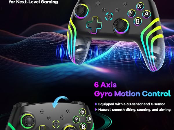 Text reads 'For Next-Level Gaming', '6 Axis Gyro Motion Control', 'Equipped with a 3D rumor and 6 sensor', 'Natural, smooth tilting, twisting and aiming.' Gaming controller with neon green and blue accents, featuring dual analog sticks, action buttons, and motion control technology for immersive gameplay.