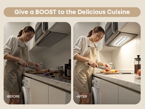 Text reads 'Give a BOOST to the Delicious Cuisine'. Split image showing a person cooking in a kitchen, with before and after scenes of food preparation.