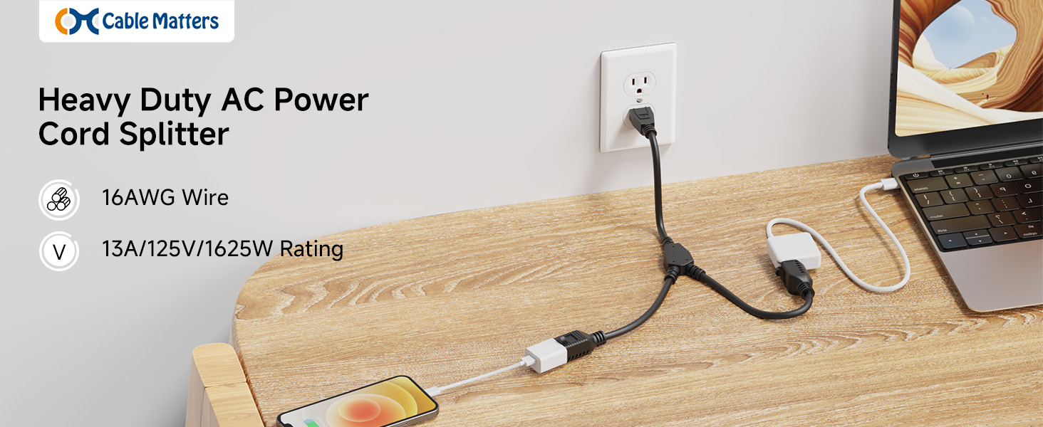 [ETL Listed] Cable Matters 2-Pack 3 Outlet Power Splitter Cord - 1.5ft, NEMA 5-15P to 3X NEMA 5-15R