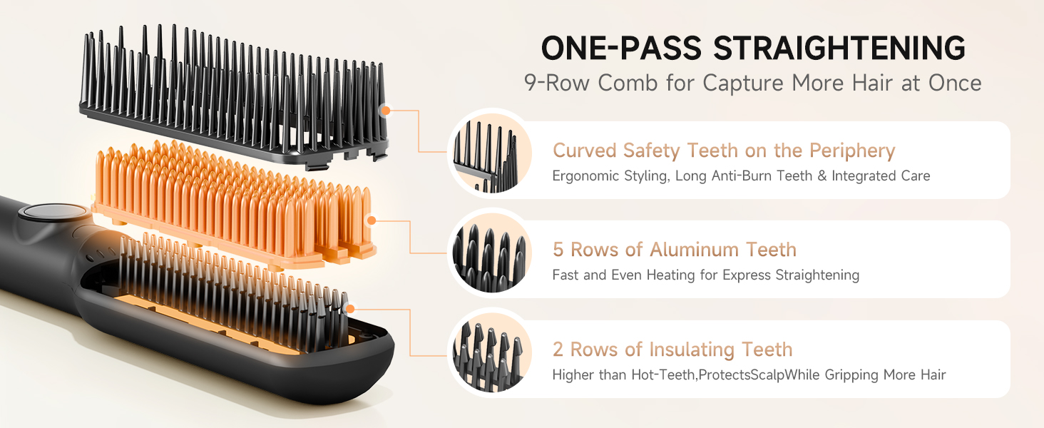 straighter brush with aluminum teeth for fast, even heat,insulated safety teeth to protect the scalp
