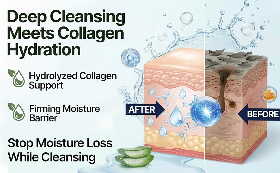 3D skin cross-section showing dry pores deeply moisturized and firmed by collagen cleansing foam