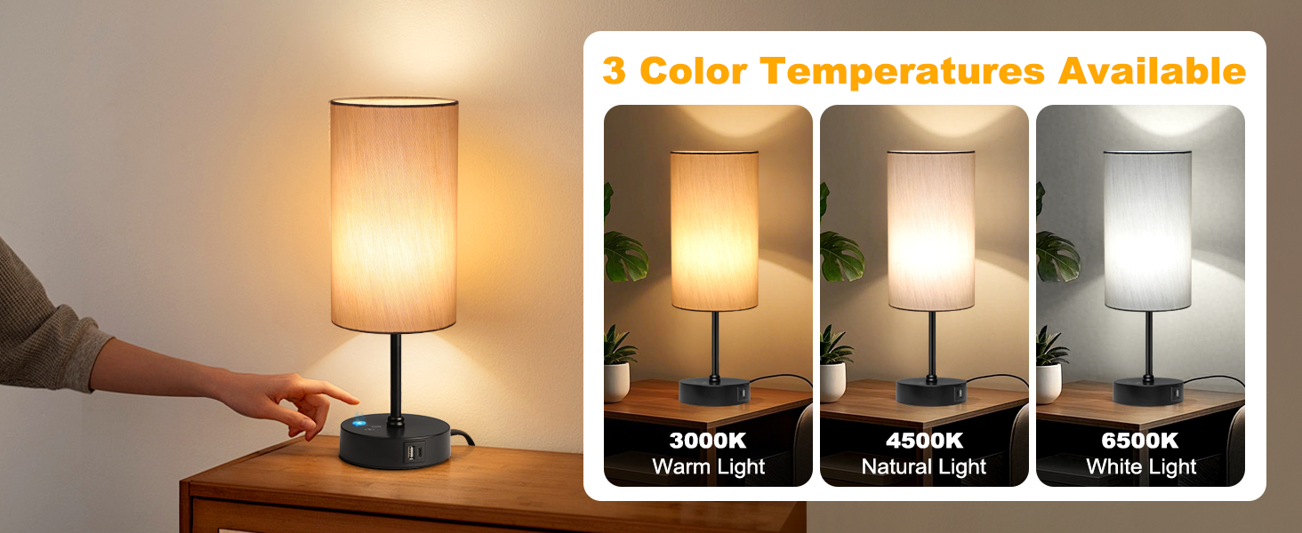 The table lamp has 3 color temperatures:3000K warm light, 4500K natural light and 6500K white light.