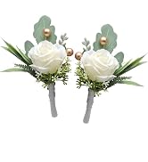 Dwuww 2Pcs Roses Boutonniere for Men Wedding, Groom Groomsman Artificial White Rose Flowers with ...