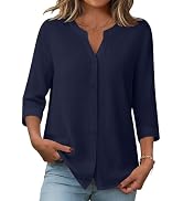 Zeagoo Button Down Shirts for Women 3/4 Sleeve Linen Cotton V Neck Tops Dressy Casual Loose Work ...