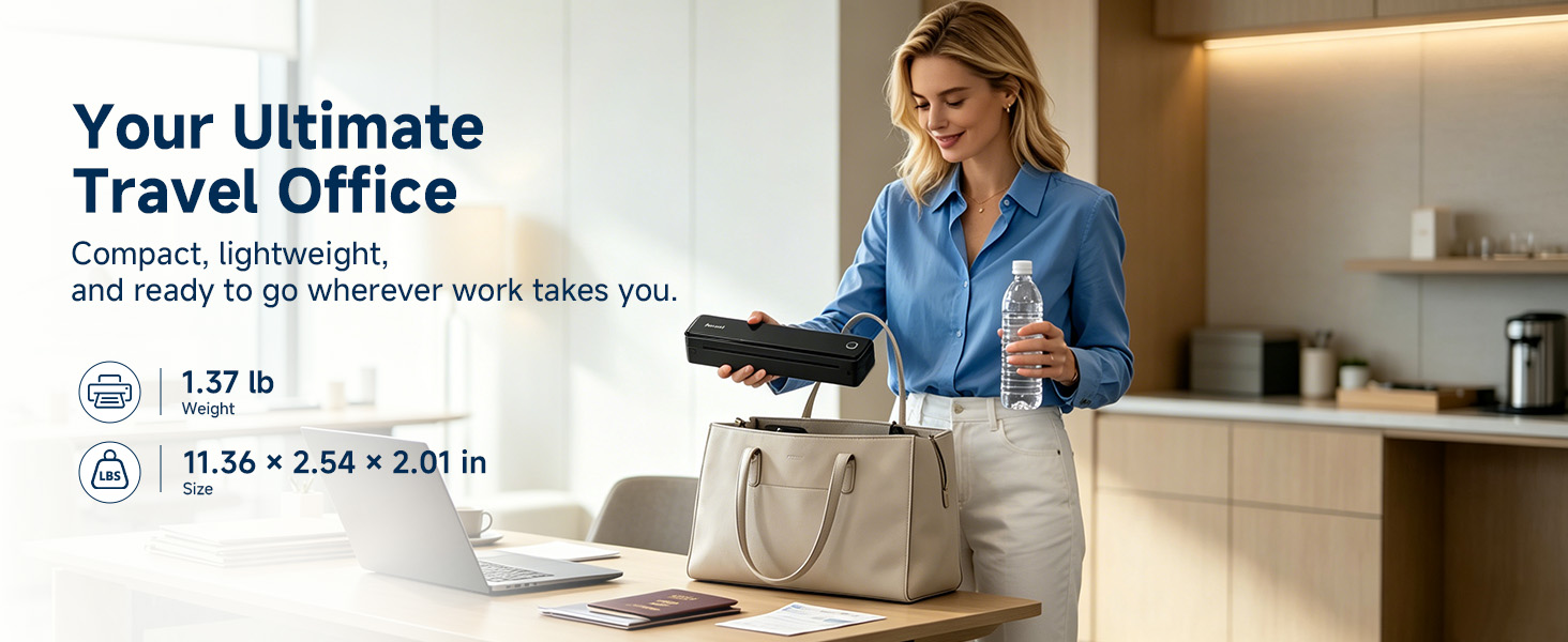 Woman carries the compact 1.37 lb A8 travel printer beside a laptop, handbag, and water bottle
