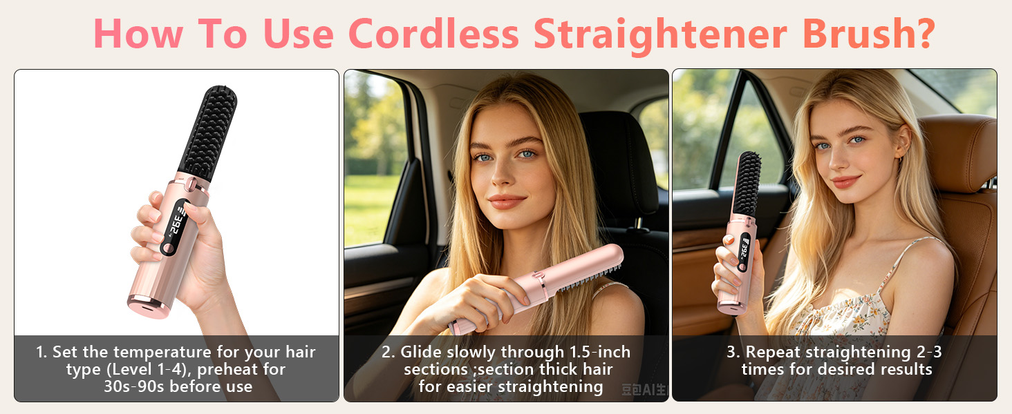 Cordless Hair Straightener Brush, Portable 4500mAh Rechargeable Straightening Comb, MCH Fast Heat