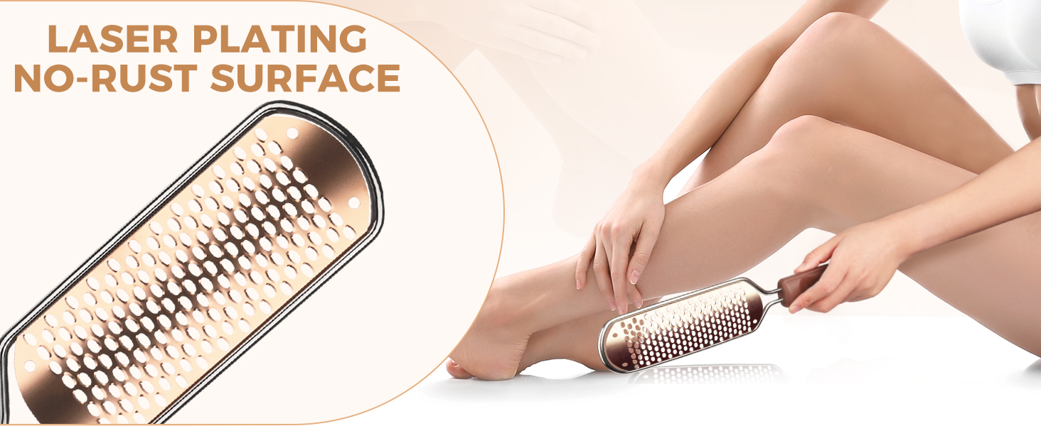 Laser-plated foot file with textured no-rust surface shown in product photo and demonstration of use.