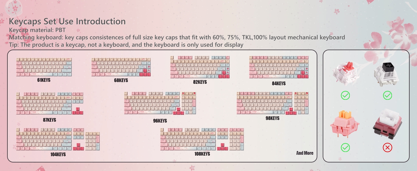 Pink Keycaps 60 65 75 100 Percent, Cute Japanese Keycaps with Shine Through