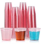 YINCL [100 Pcs] Pink Glitter Plastic Shot Glasses - 1 OZ Mini Disposable Clear Shot Cups Bulk for...